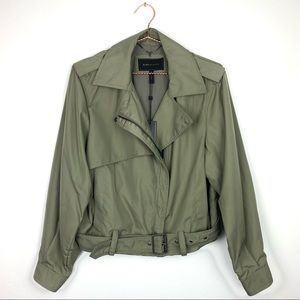 BCBGMaxAzria Payton Olive Green Khaki Cropped Full Zip Belt Trench Bomber Jacket